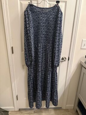 Women's Navy Blue Floral Long Sleeve Midi Dress